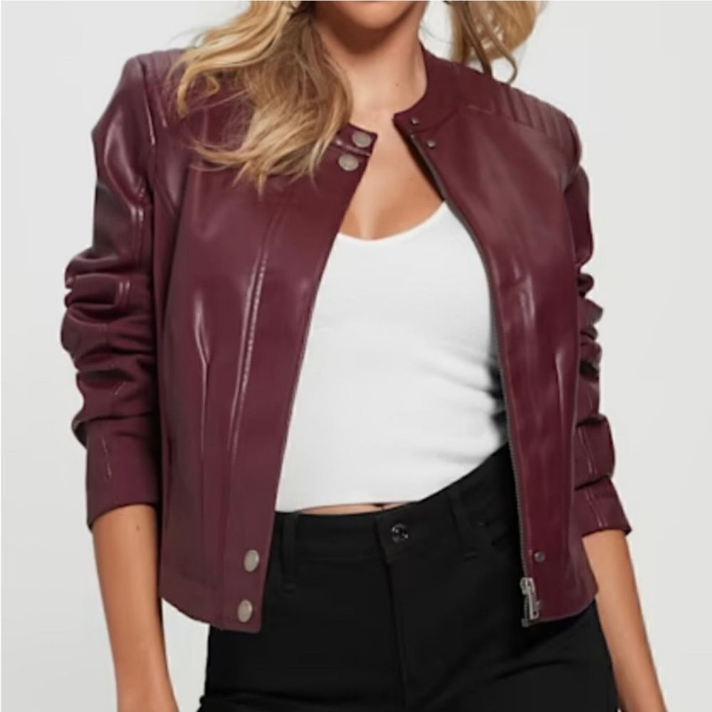 New Guess Fiammetta Faux Leather Moto Jacket Mystic Wine Size XS